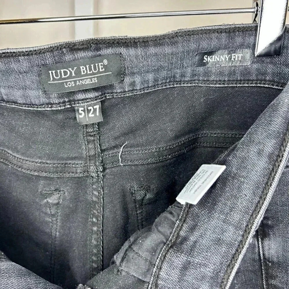 Judy Blue Skinny Fit 5|27 Black Denim Distressed Jeans with Plaid Patch - Picture 15 of 16